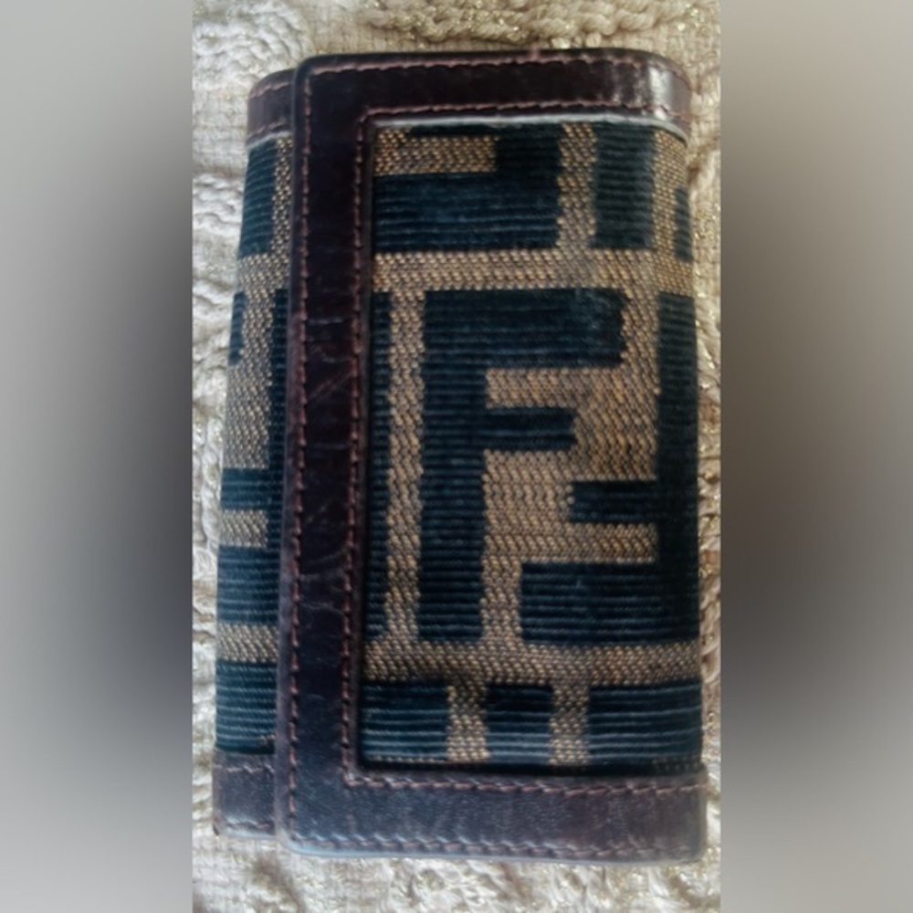Fendi Zucca Key Holder Brown Canvas Fabric Leather Trim Snap Closure
